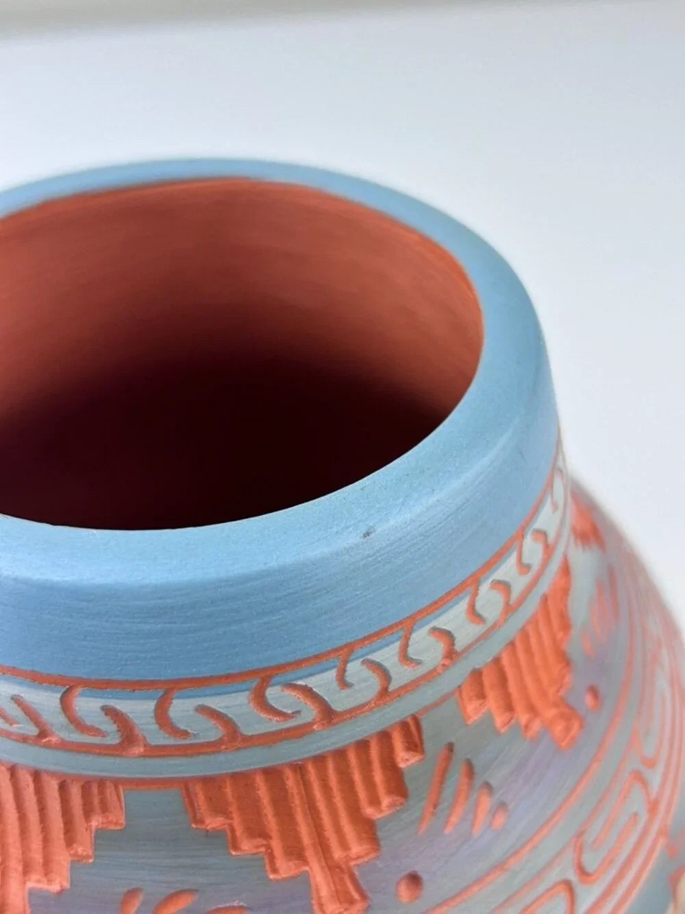 Navajo Pottery Vase Terracotta Red Clay Etched Blue Orange Teal 6